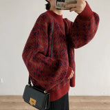 Women Half-High Collar Knitted Sweater Winter Vintage Plaid Pullover Casual Long Sleeve Warm Sweater Loose Pull Femme