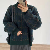 Women Half-High Collar Knitted Sweater Winter Vintage Plaid Pullover Casual Long Sleeve Warm Sweater Loose Pull Femme