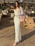 Female Elegant Solid Hollow Out Maxi Dress Women Long Sleeve V-neck Loose Beach Vestidos Ladies New Holiday Fashion Robe