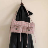 Plaid Pink Womens Shoulder Bag Pleated Casual Sweet Cute New Fashion Leather Handbag Literary Exquisite Designer Armpit Bag