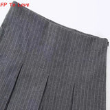 Grey Wide Pleated Mini Shorts Skirts High Street Stripe American Retro Solid Vintage Blogger Sexy Woman Black