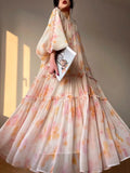 Elegant Print Midi Dresses For Women Spring Summer New French Fashion Sweet Vintage Female Clothes Loose Maxi Y2k Dress