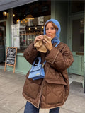 Casual Brown Windbreak Padded Coat For Woman Fashion O Neck Long Sleeve Oversized Cotton Jacket Thick Warm Wadded Jackets