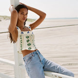 Boho Straps Crop Tops For Women Camis Casual Linen Floral Embroidered Summer Beach Camisetas Short