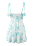 blue floral straps party dress bow tied shoulder smocked bodice embroidery summer dress chic ladies mini dress
