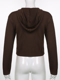 Vintage Brown Solid Hooded Y2K Sweaters Women Autumn Winter Lantern Sleeve Zip Up Jacket Cardigan Knitted Hoodies