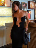 Fantoye Irregular Sexy Hollow Out Wave Women Maxi Dress Black Spaghetti Strap Evening Dress Lady Elegant Vacation Party Clubwear
