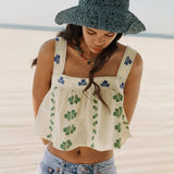 Boho Straps Crop Tops For Women Camis Casual Linen Floral Embroidered Summer Beach Camisetas Short
