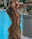 Feminine Leopard Print Split Long Dress Long Sleeved Deep V Female Lace Maxi Dresses Slim Summer Ladies Party Fashionlooks