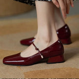 New Square-toe Leather Shoes Red Black Mary Janes Shoes Women'S Shallow Mouth Casual Chunky Heel Shoes Low Heels Shoes