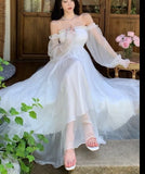 Horetong Elegant Maxi Dresses For Women White Off Shoulder Puff Long Sleeve Elastic High Waist Party Gown Ruffle Holiday Dress