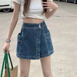Korean Style High Waist Skirt Shorts Women Summer Pockets Denim Shorts Woman Double Button A Line Skirt Pants Female