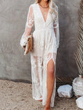 Summer Lace Long Dress Women Bohemian Embroidered Maxi Dress Female V Neck Hollow Out Long White Casual Holiday Dress