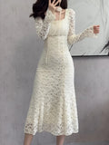 Elegant Chic Bodycon Lace Patchwork Mesh Midi Dresses for Women Autumn Winter New Vintage Slim Casual Party Female Clothing Robe