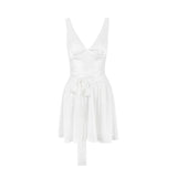 White Satin Dress Summer V Neck A Line Dress Sexy Stretchy Beach Dress with Belt Birthday Dress for Women Mini