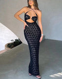 Solid Color Hanging Neck Maxi Dress Sexy Hollow Women Perspective Bag Hips Robe Female Street Trendy Dresses Clothing