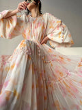 Elegant Print Midi Dresses For Women Spring Summer New French Fashion Sweet Vintage Female Clothes Loose Maxi Y2k Dress