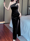 Elegant Party Bodycon Velvet Midi Dresses for Women 2023 Autumn Winter Vintage Sleeveless Robe Sexy Split Black Female Clothing