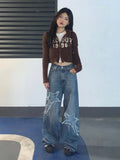 Vintage 90s Streetwear Star Blue Jeans Women Y2K Grunge Distressed Patchwork Oversized Wide Leg Denim Pants Female Retro