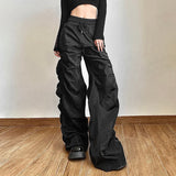 European Hot Girls Loose Mopping High-waisted Pants Women's Design Folds Pleated Wide-leg Long Pants Punk Capris Black Versatile