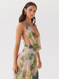 Elegant Ink Print Halter Chiffon Maxi Dress For Women Summer New Sleeveless Backless Vestidos Female High Street Holiday Robe