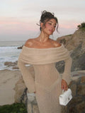 Women's Summer Slash Neck Sunscreen Maxi Dress Chic Long Sleeve Bodycon Knitted Vestidos Female Elegant Holiday Beachwear