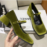 Mary Janes Shoes Female Golden Velvet New Square Toe College Style Casual Pumps Fashion Shallow Buckle Shoes High Heel Shoes