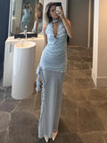 Deep V Neck Slim Maxi Dresses For Women Mesh Splice See Through Folds Long Dress Femme Side Slit Sexy Evening Dress Woman