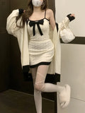 Elegant Knitted Two Piece Set Women Bow Designer Sweet Party Dress Set Female Korean Style Sweater Mini Dress Suit Winter