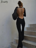 Summer Y2K Solid Black Basic Bodysuit for Women Fashion Long Sleeves Halter Backless Flare Pants Simple Casual Streetwear