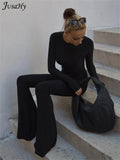 Summer Y2K Solid Black Basic Bodysuit for Women Fashion Long Sleeves Halter Backless Flare Pants Simple Casual Streetwear