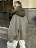 Patchwork Zipper Hooded Women's Jacket Winter Warm Long Sleeve Loose Office Lady Thicken Coats Autumn Casual Street Outer Wear