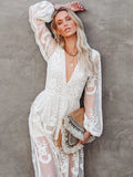 Summer Lace Long Dress Women Bohemian Embroidered Maxi Dress Female V Neck Hollow Out Long White Casual Holiday Dress
