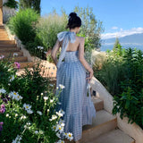 Summer Blue Plaid Maxi Women Dress  Slim Backless Party Vacation Long Dress Female New Elegant Chic Prom Lady Chiffon Dress