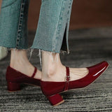 New Women's Red Black Mary Janes Shoes High Quality Leather Low Heel Dress Shoes Square Toe Shallow Buckle Strap Women's Shoes