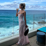 Sexy Evening Party Dress Women Summer Beach Maxi Long Dresses Lace Hollow Out Big Swing Backless Pink Holiday Vestidos