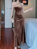 Elegant Party Bodycon Velvet Midi Dresses for Women 2023 Autumn Winter Vintage Sleeveless Robe Sexy Split Black Female Clothing
