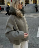 Patchwork Zipper Hooded Women's Jacket Winter Warm Long Sleeve Loose Office Lady Thicken Coats Autumn Casual Street Outer Wear