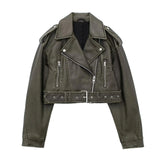 Spring Autumn Women Faux Pu Leather Short Jacket with Belt Motorcycle Biker Female Zipper Lapel Loose Coat Outwear