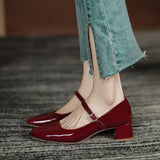 New Women's Red Black Mary Janes Shoes High Quality Leather Low Heel Dress Shoes Square Toe Shallow Buckle Strap Women's Shoes