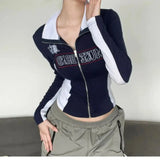 Letter Print Fashion Y2K Jackets Long Sleeves Patchwork Turn-down Neck Coats Streetwear Sexy Autumn Cute Zip Up Outfits