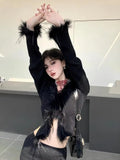 Sexy Gothic Knitted Cardigan with Fur Women Black Cropped Sweaters Y2k Elegant Korean Streetwear Grunge V-neck Tops