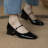 New Square-toe Leather Shoes Red Black Mary Janes Shoes Women'S Shallow Mouth Casual Chunky Heel Shoes Low Heels Shoes