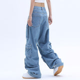 Solid Color Overalls Jeans Women's Y2K Street Retro Loose Wide-Leg Overalls Couple Casual Joker Mopping Jeans Pants Women