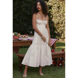 High Quality Women's Summer Dress Linen-cotton Blend Jacquard Dress Elegant Sexy Slip White Vacation Dress Midi