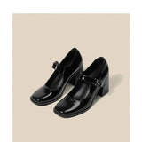 Mary Jane Shoes Women Retro British Style Hepburn Black High Heel One Word Buckle Thick Heel Square Head Single Shoes Women