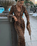 Feminine Leopard Print Split Long Dress Long Sleeved Deep V Female Lace Maxi Dresses Slim Summer Ladies Party Fashionlooks