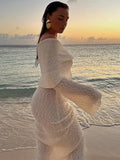 Women's Summer Slash Neck Sunscreen Maxi Dress Chic Long Sleeve Bodycon Knitted Vestidos Female Elegant Holiday Beachwear