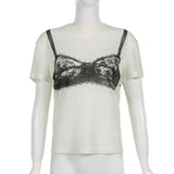 Black Lace Bra Print White Graphic T-Shirt Fashion Woman Blouse Tees O Neck Short Sleeve Casual Street Sweats Tops