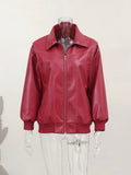 Women Red Lapel Zipper Leather Cropped Coat Autumn Casual Long Sleeve Patchwork Jacket Winter Fashion New Office Streetwear